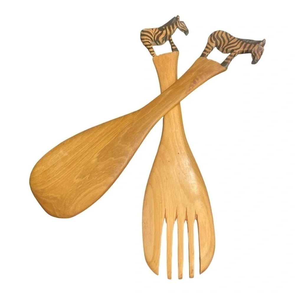 Wood Carved Painted Zebra Salad Servers from Kenya
